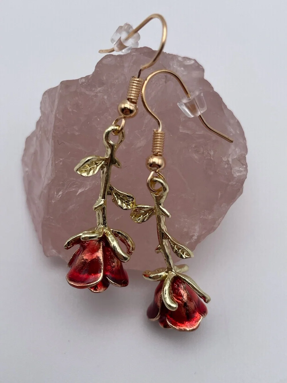 Gold Red Rose Drop Earrings
